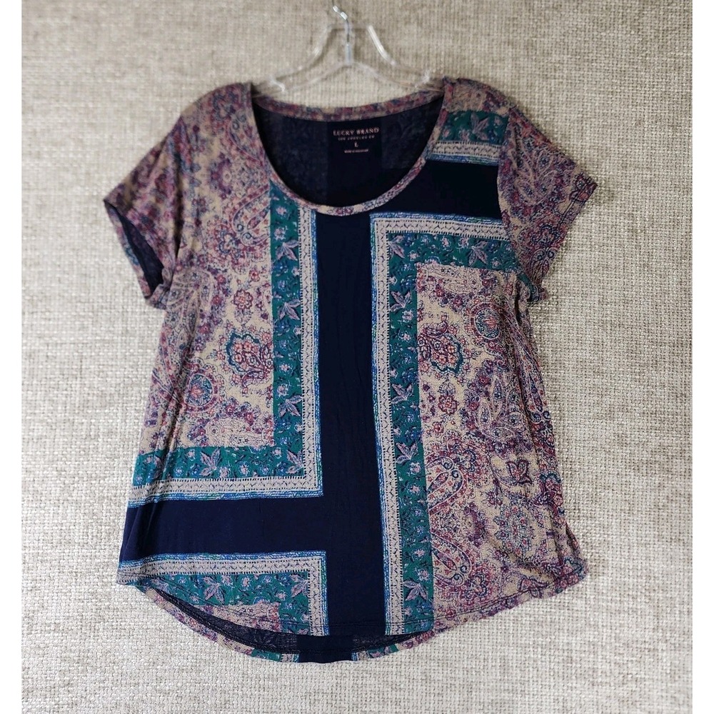 Lucky Brand Round Neck T Shirt Womens L Navy Blue Boho Floral Short Sleeve